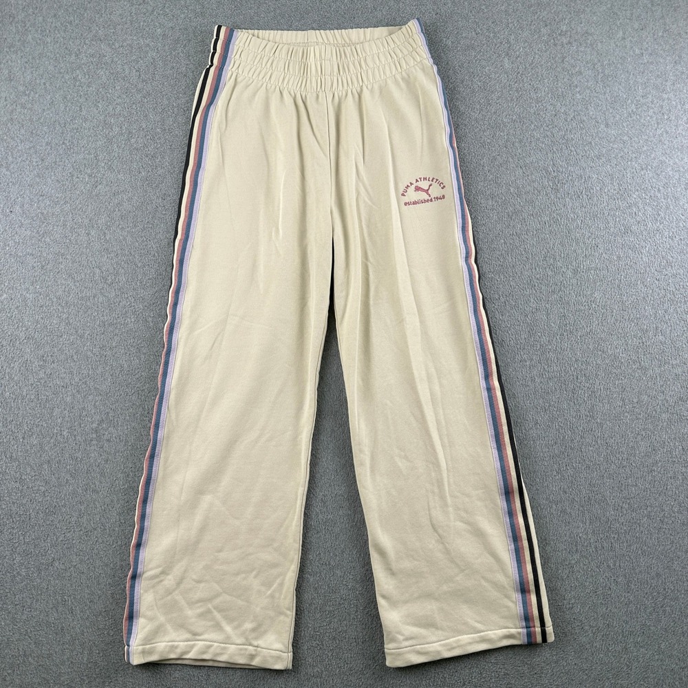 Puma Sweatpants Womens L Athletics Wide Leg Beige Striped Athleisure
